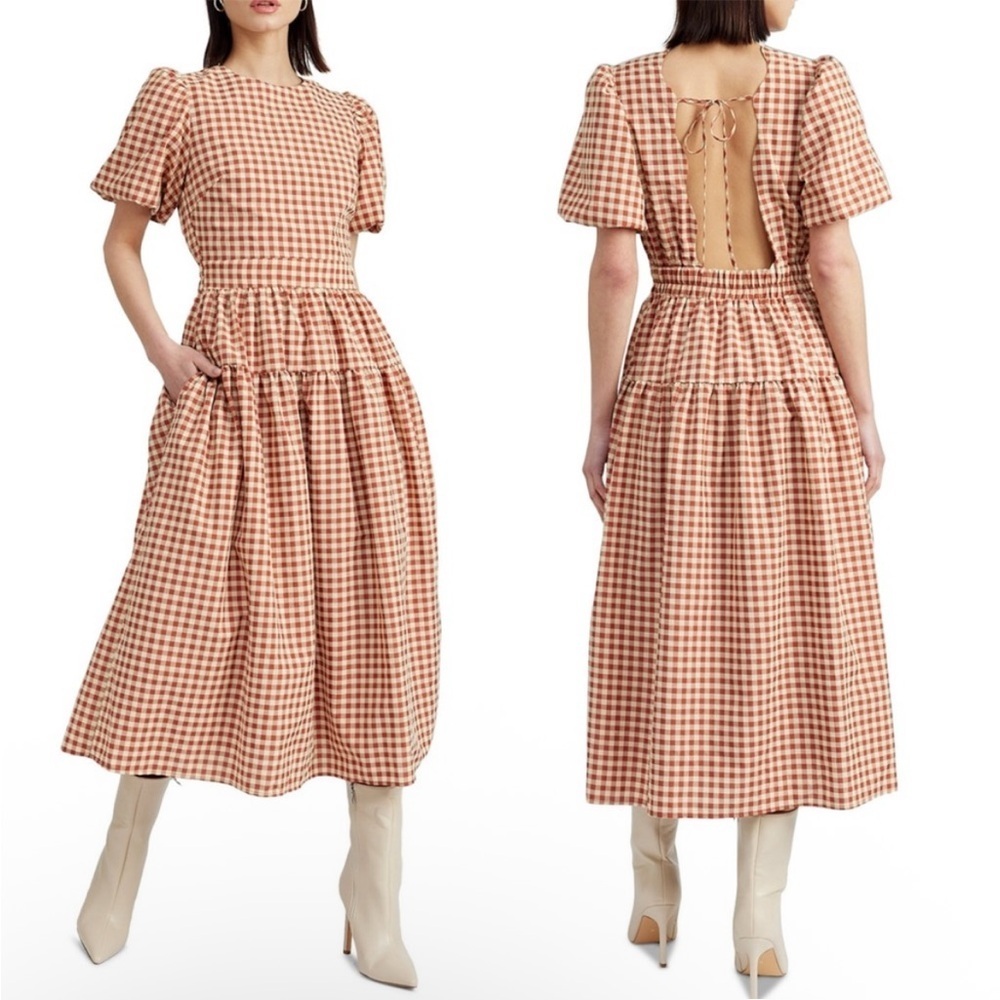 NWT En Saison Juni Bubble Sleeves Gingham Tan and Cream Midi Dress Sz Large
